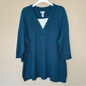 Catherines Women 2X Teal Blue Green Long Sweater Soft V Neck 3/4 Sleeve Cozy